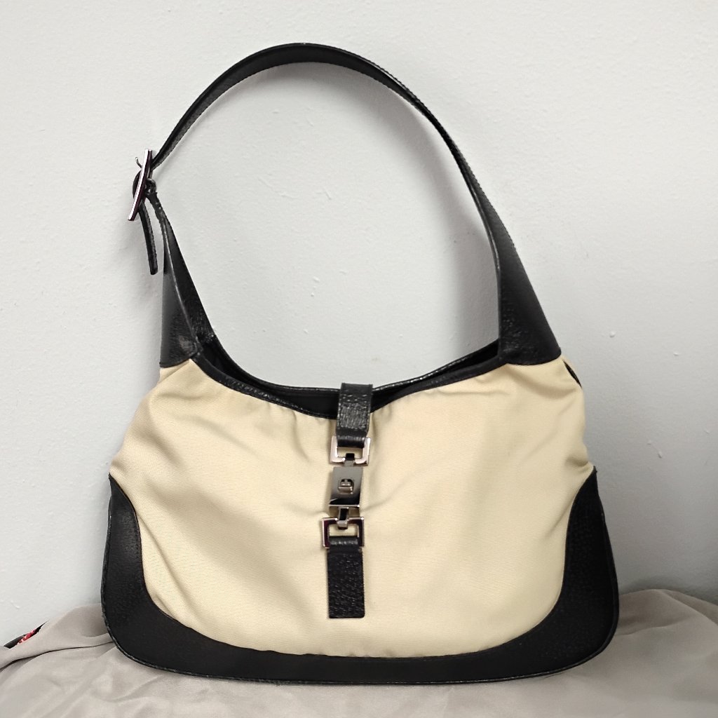 Authentic Gucci Jackie O Tom Ford Hobo Off White Canvas Leather Bag Purse